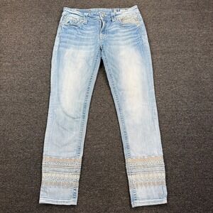 Miss Me Jeans Womens  Blue Cuffed Skinny Embroidered Boho Hem Denim